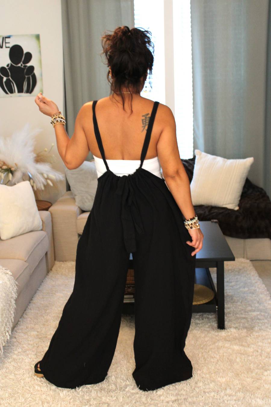 Black Wide Leg Solid Suspender Pants