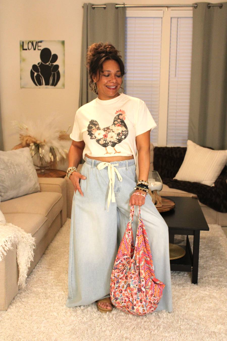 Denim Drawstring Wide Leg Pants