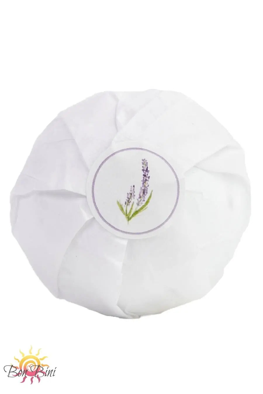 White bath bomb with a lavender flower on the front.