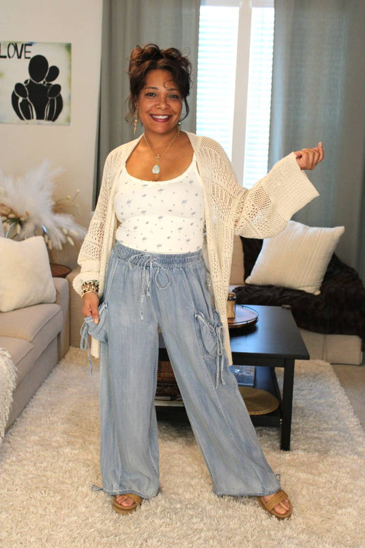 Light Denim Chambray Cute Pocket Convertible Pants