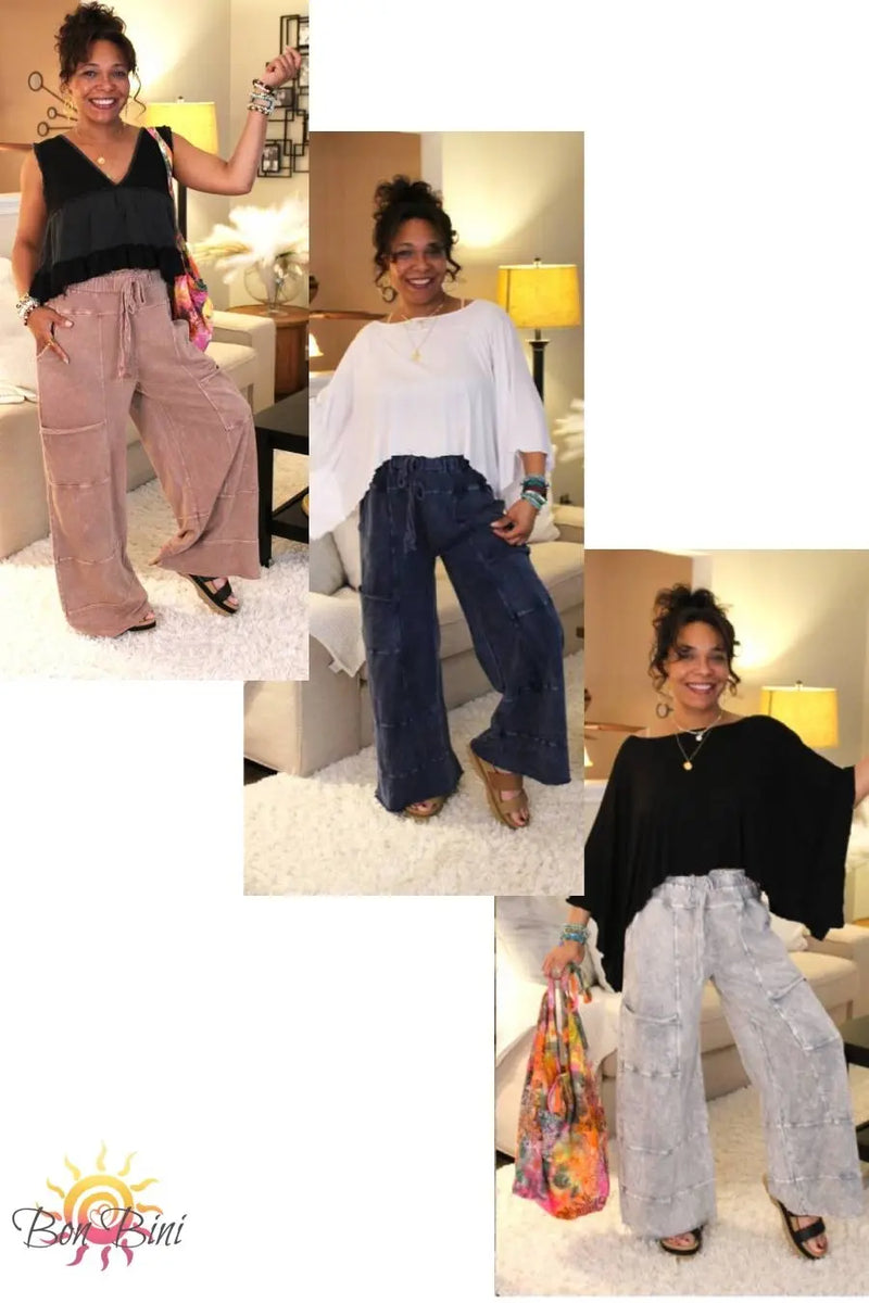 Navy & Silver Grey Mineral Wash Wide Elastic Waist Cropped Pants