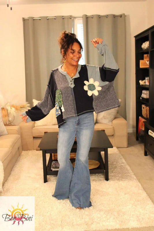 POL Indigo Feeling Patchy Oversized Pullover Top