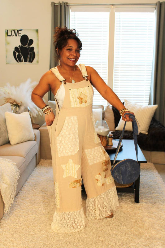 POL Seashell Bliss Lace Patchwork Overalls
