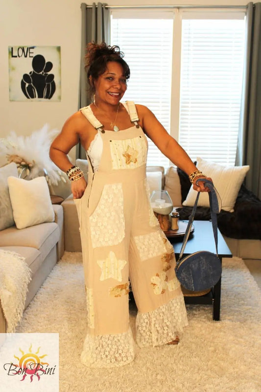 POL Seashell Bliss Lace Patchwork Overalls