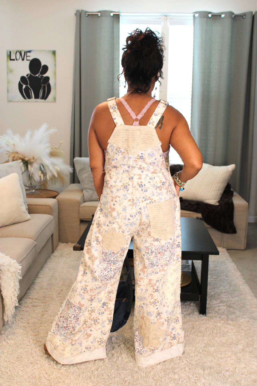POL Touch Of Flowers Crochet Patch Overalls