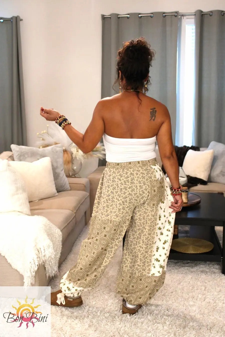 POL Warm Latte Multi-Floral Patchwork Pants