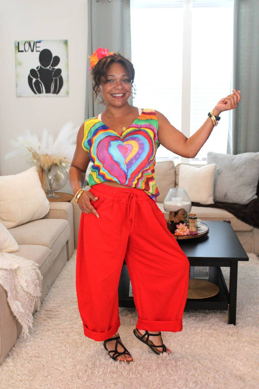 Cherry Red Cotton French Terry Barrel Pants