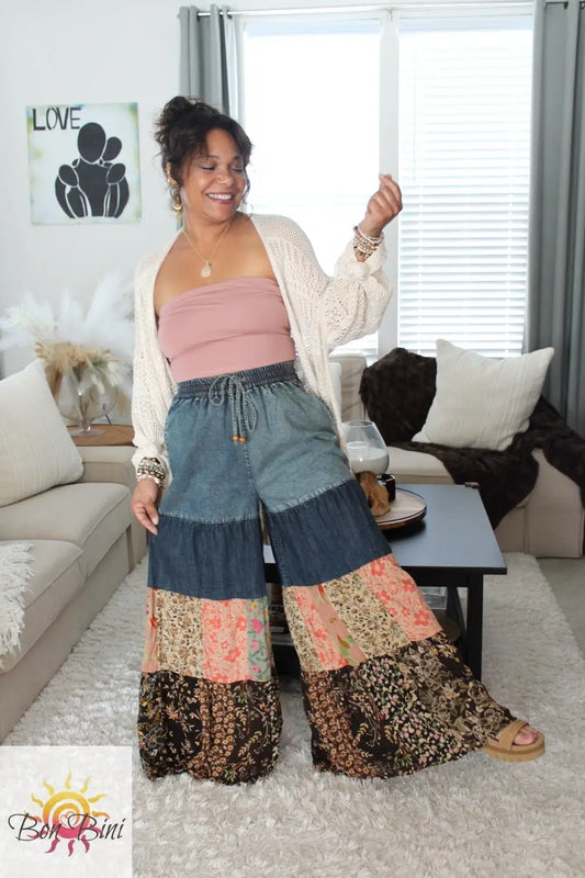 YT Spring Skies Bohemian Charm Tiered Patchwork Denim Pants