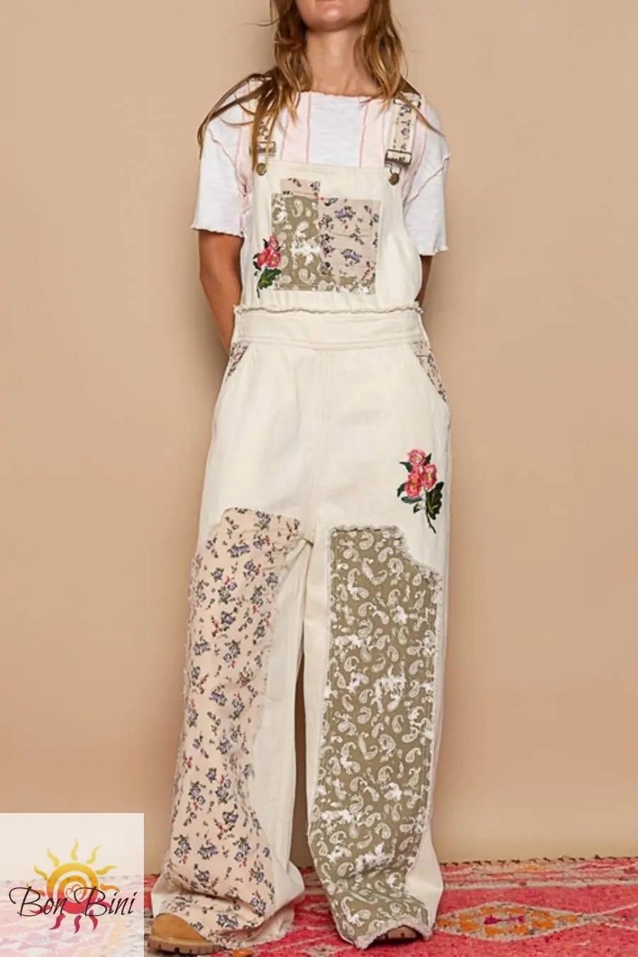 POL Flower Lover Embroidery Patchwork Overalls