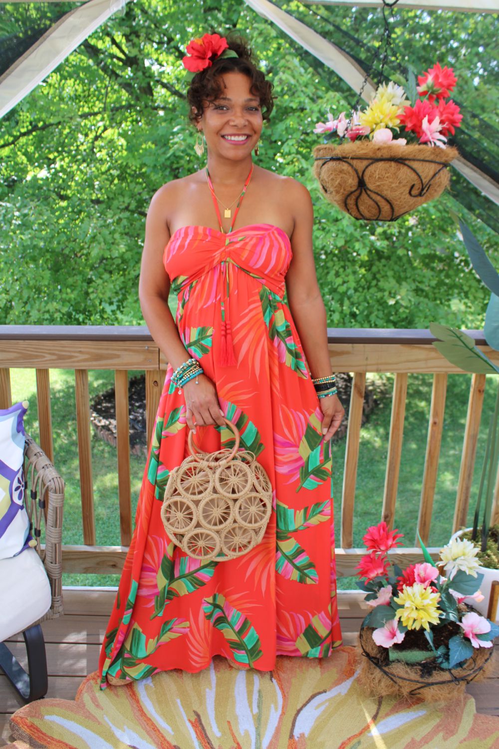 Women's Fiesta Red Color Halter Havana Nights Tropical Leaf Print Maxi Dress S Women's Fiesta Red Color Halter Havana Nights Tropical Leaf Print Maxi Dress S