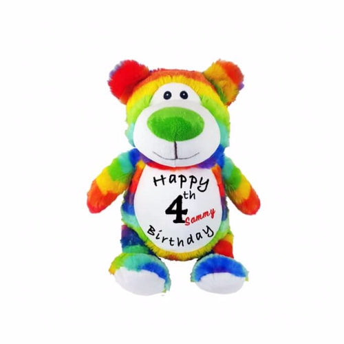 Rainbow striped bear with white belly, snout, and feet. Comes with 
