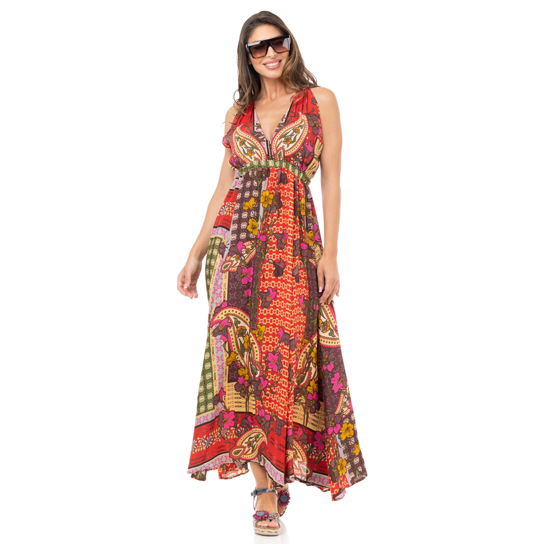 Red toned multi-colored v-neck spanish inspired maxi dress with empire waist (front).