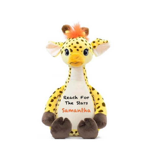 Giraffe sitting upright with orange hair tuft, eyelashed eyes, 