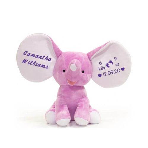 Lavender elephant with big ears and a child's first and last name in purple text on one ear and a child's birth weight and birthdate on other ear in purple text