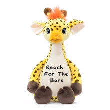 Load image into Gallery viewer, Giraffe sitting upright with orange hair tuft, eyelashed eyes, and "Reach For The Stars" in black text