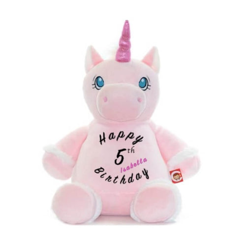 Light pink unicorn with blue eyes, hot pink shimmer horn, white fur cuffs on feet, 