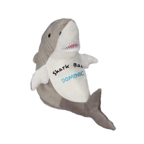 Mini realistic great white shark with Shark Bait in black text and a child's name in light blue text across belly