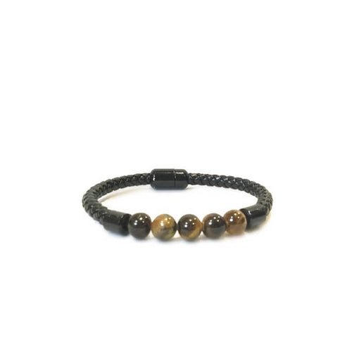 Black braided cord bracelet with 5 tiger eye beads in center and black magnetic clasp.