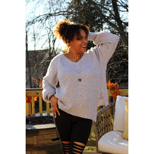 Load image into Gallery viewer, Front view of Lavender Gray sweater tunic with left side seam slit and black knee cut out leggings