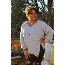 Load image into Gallery viewer, Front view of Lavender Gray sweater tunic with left side seam slit and black knee cut out leggings
