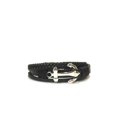 Black leather bracelet with braided leather details and silver colored anchor in middle.