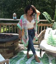 Load image into Gallery viewer, Off-white kimono with light pink, hot pink, orange, & mint green palms fronds design. Features mint green border.