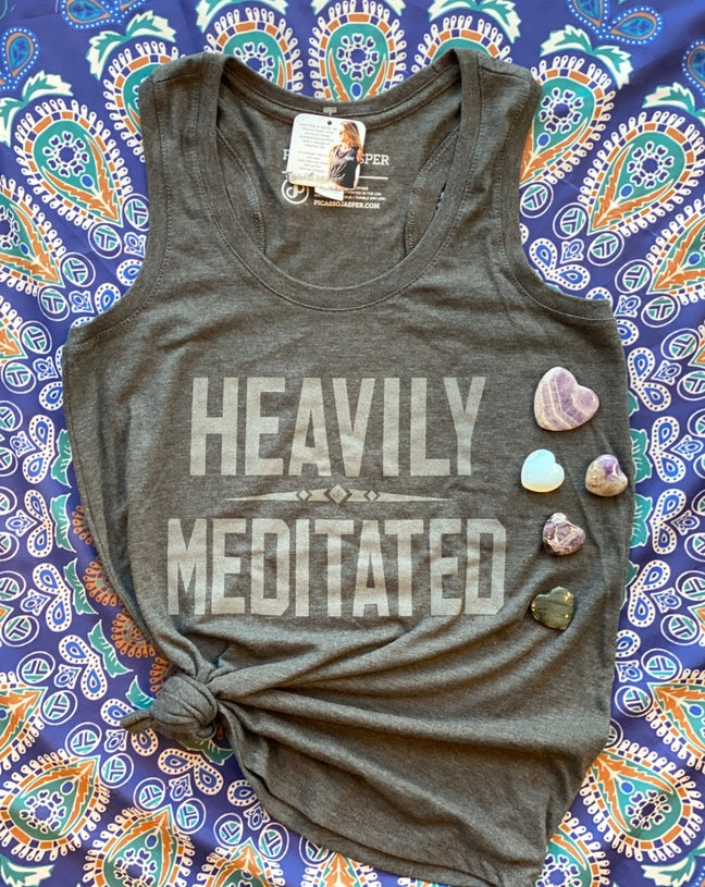 Dark grey wide shoulder racerback tank with "Heavily Meditated" light grey text on front.