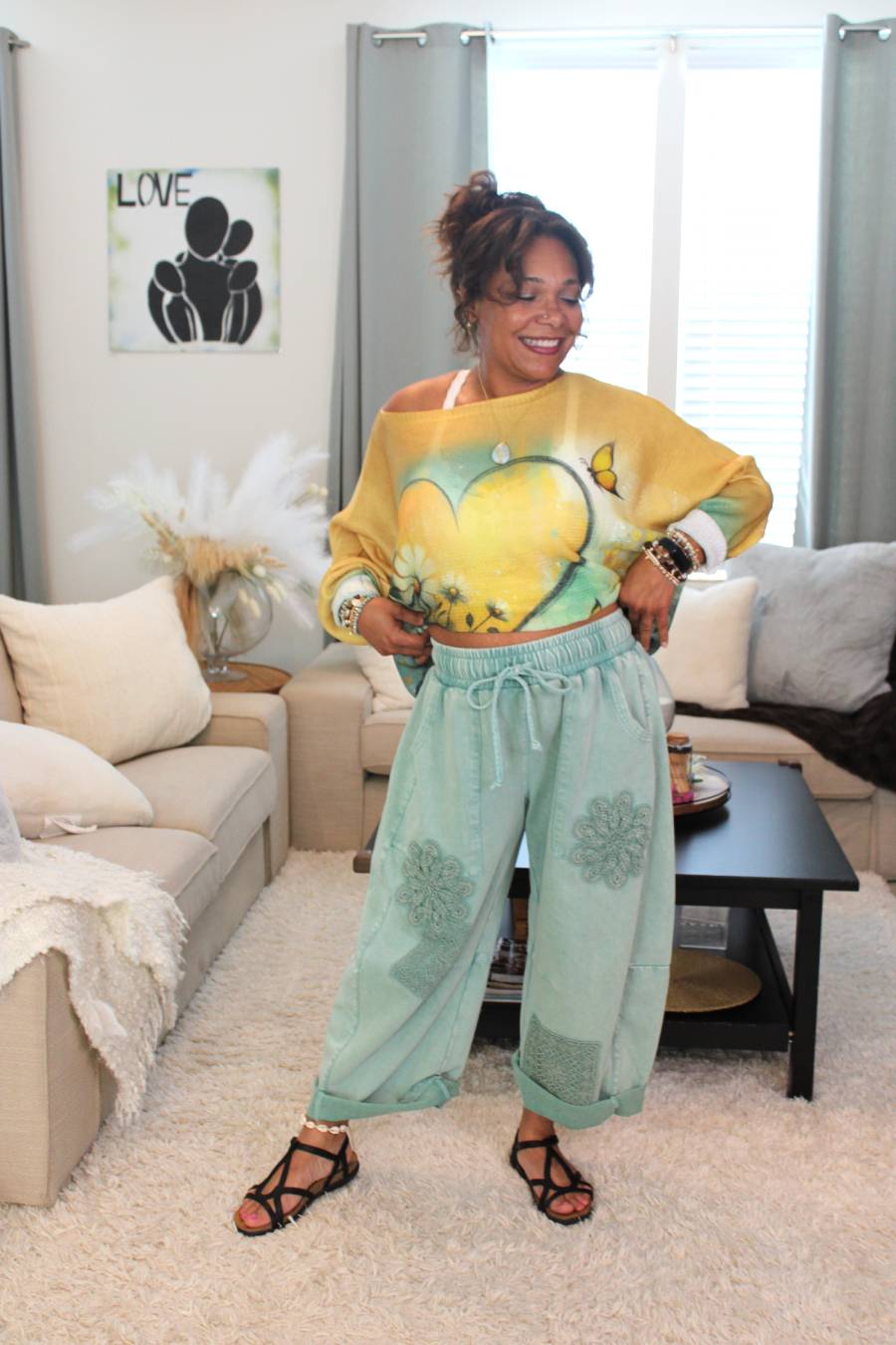 Soft Sage Clouds Barrel Pants