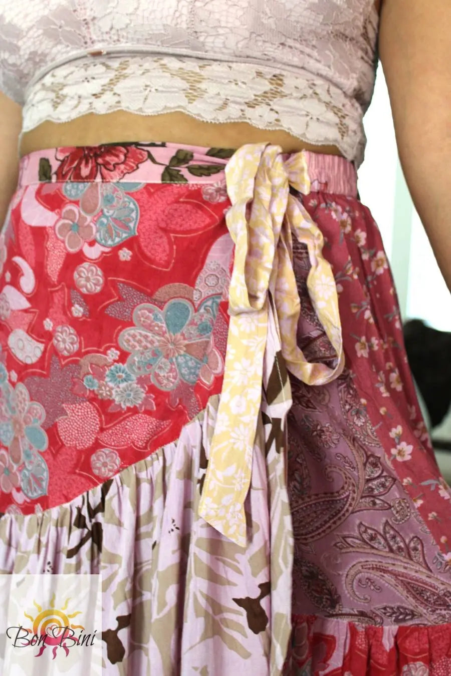 Up Close Of Adjustable Tie Mauve Lava Wrap Skirt 