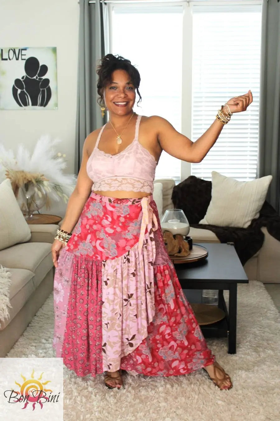 Model Wearing Bohemian Mauve Lava Wrap Skirt Showing Front View