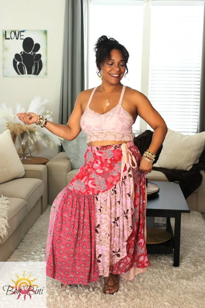 Model Showing Side View & Adjustable Tie Of Mauve Lava Wrap Skirt 