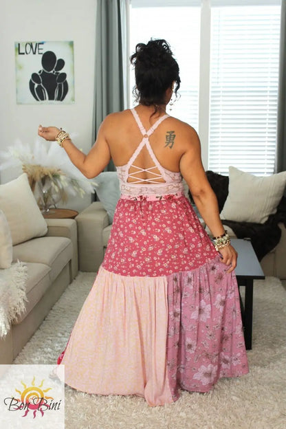 Model Showing Back View Of Mauve Lava Wrap Skirt