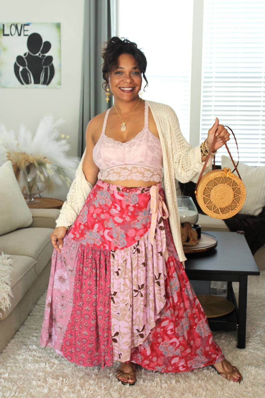 Model Wearing & Holding Out Mauve Lava Wrap Skirt