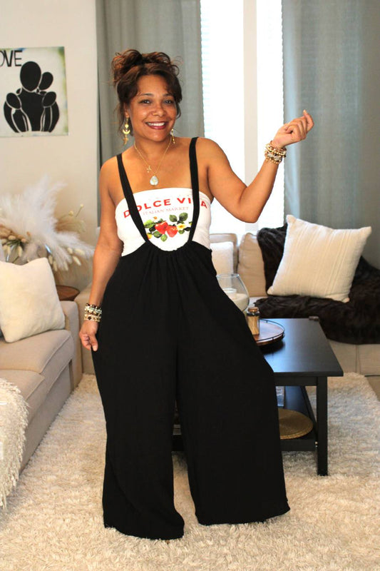 Black Wide Leg Solid Suspender Pants