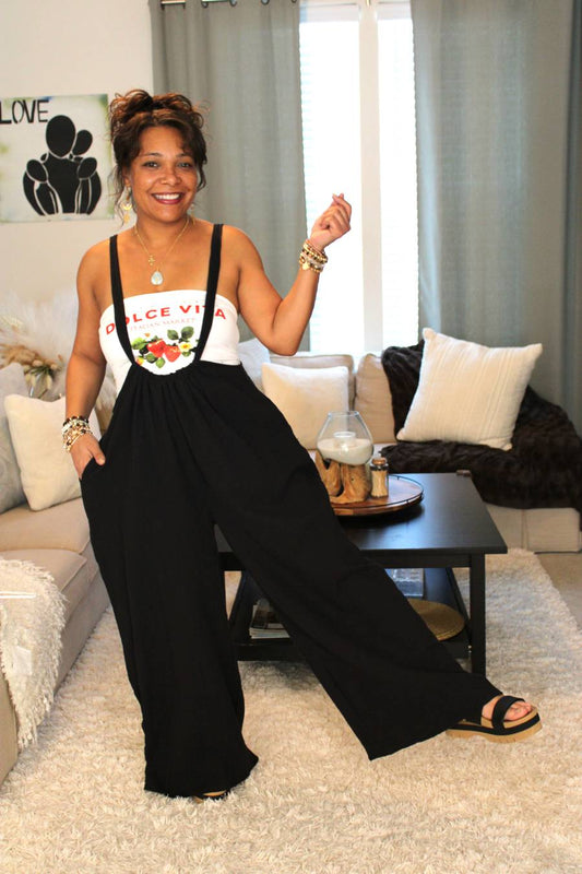 Black Wide Leg Solid Suspender Pants
