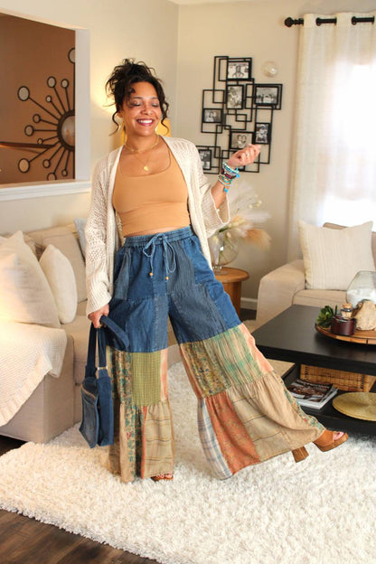 YT Bohemian Charm Tiered Patchwork Denim Pants