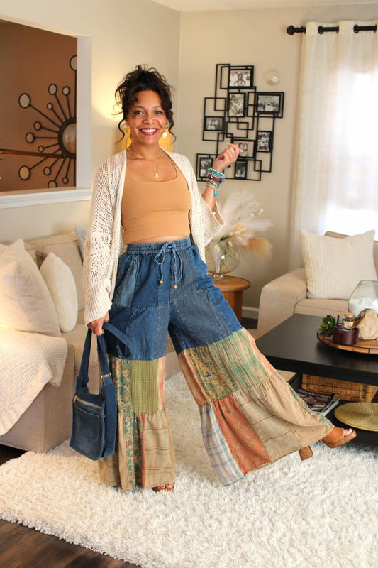YT Bohemian Charm Tiered Patchwork Denim Pants