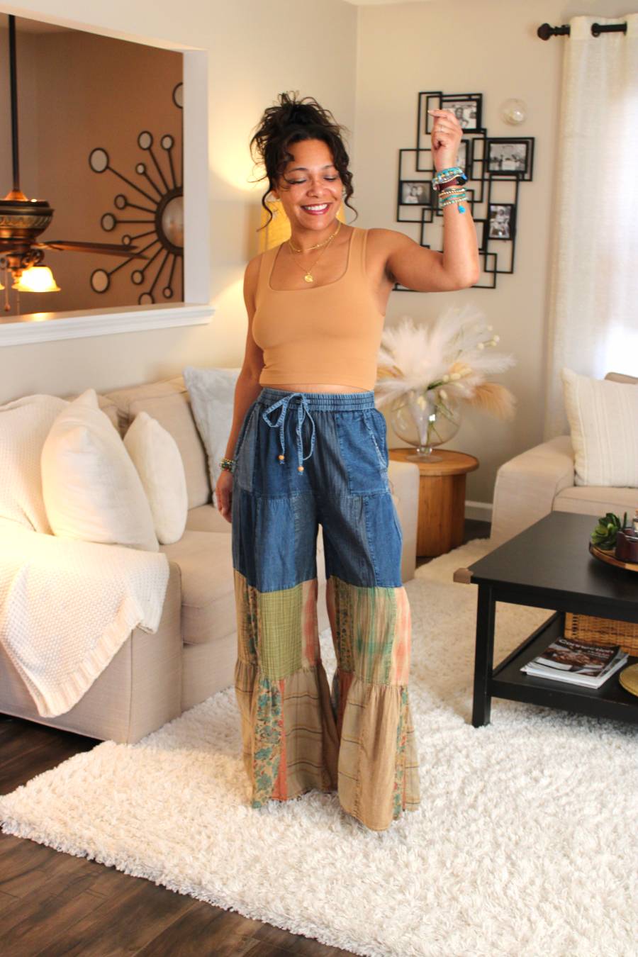 YT Bohemian Charm Tiered Patchwork Denim Pants
