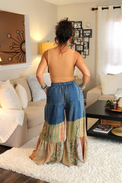 YT Bohemian Charm Tiered Patchwork Denim Pants