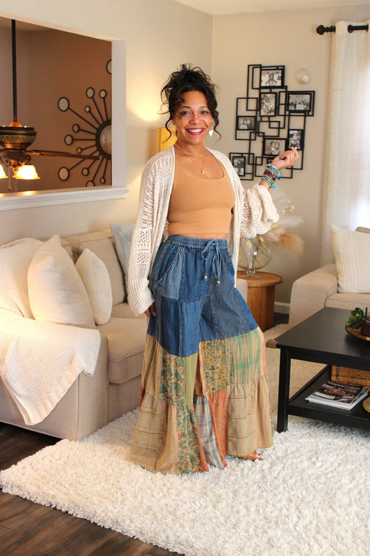 YT Bohemian Charm Tiered Patchwork Denim Pants