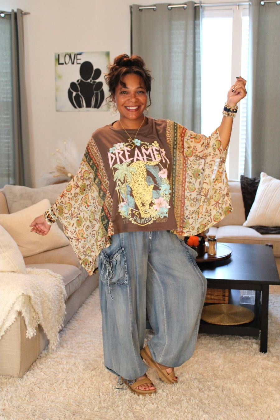 Brown Dreamer Leopard Paradise Poncho Sleeve Top