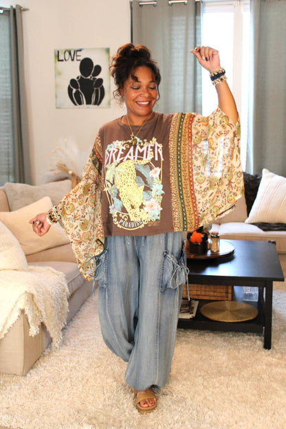 Brown Dreamer Leopard Paradise Poncho Sleeve Top