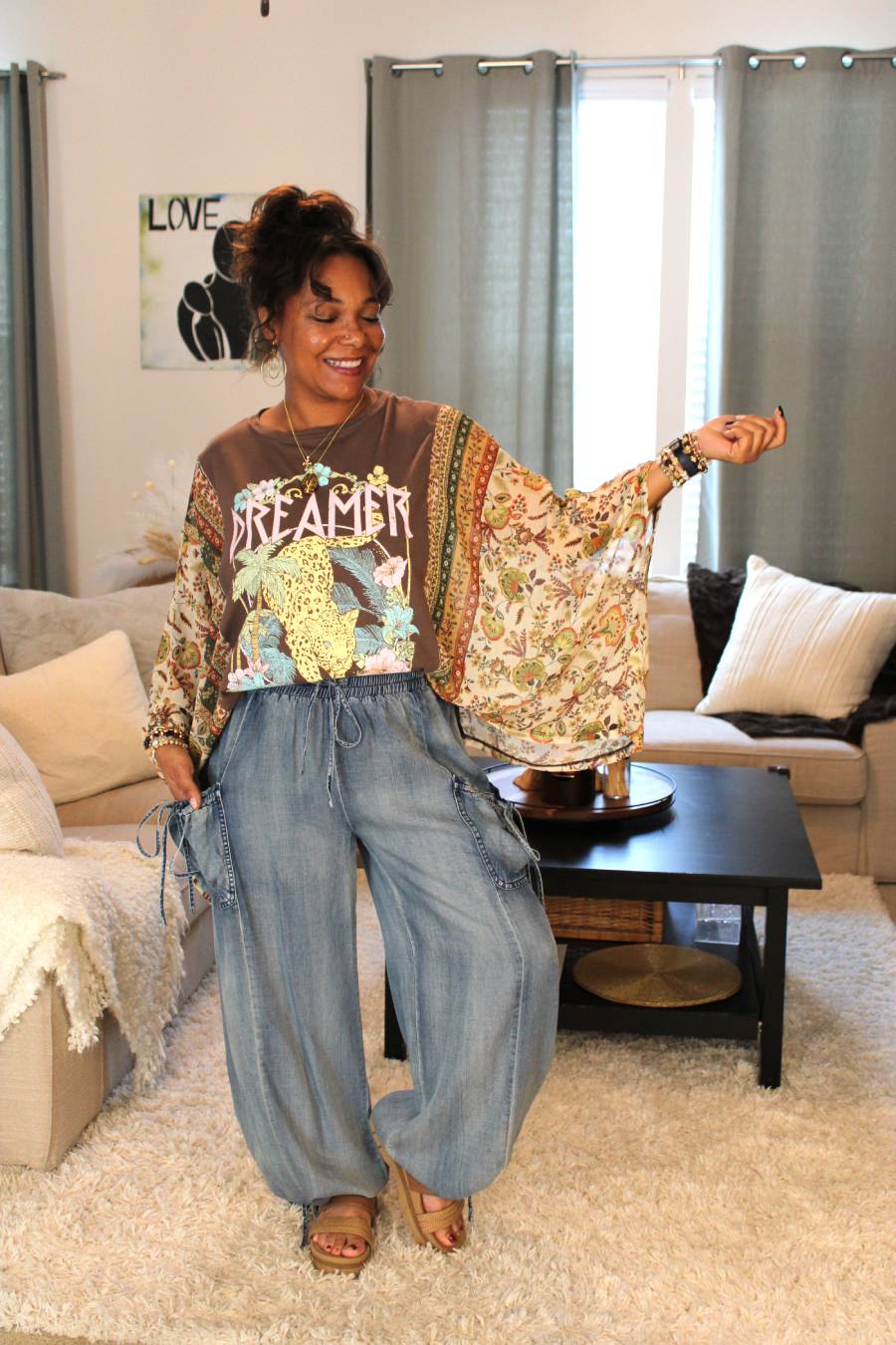 Brown Dreamer Leopard Paradise Poncho Sleeve Top