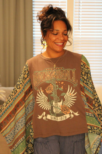Brown Rock N’ Roll Rose Guitar Vintage Kantha Top