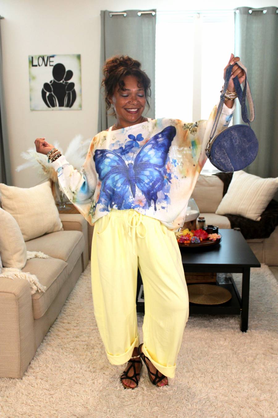 Butter Yellow Cotton French Terry Barrel Pants