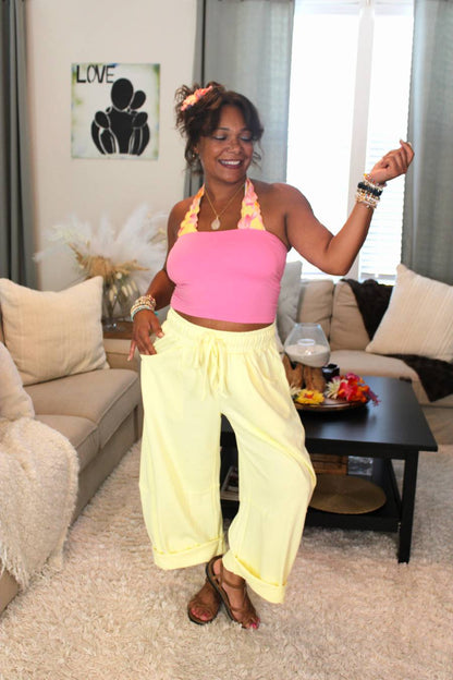 Butter Yellow Cotton French Terry Barrel Pants