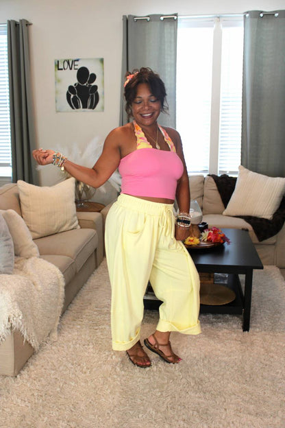 Butter Yellow Cotton French Terry Barrel Pants