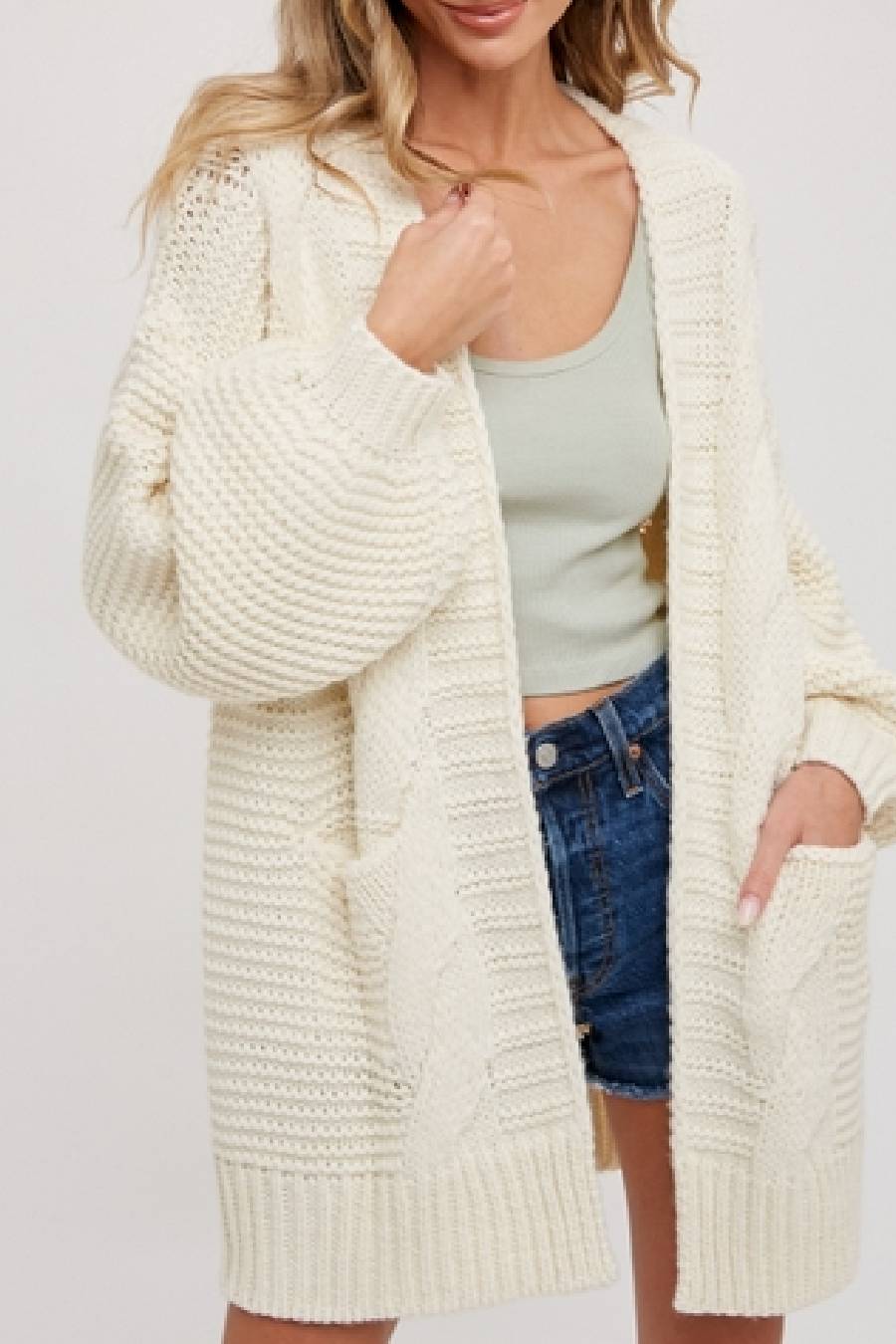 Cable Lantern Sleeve Cardigan