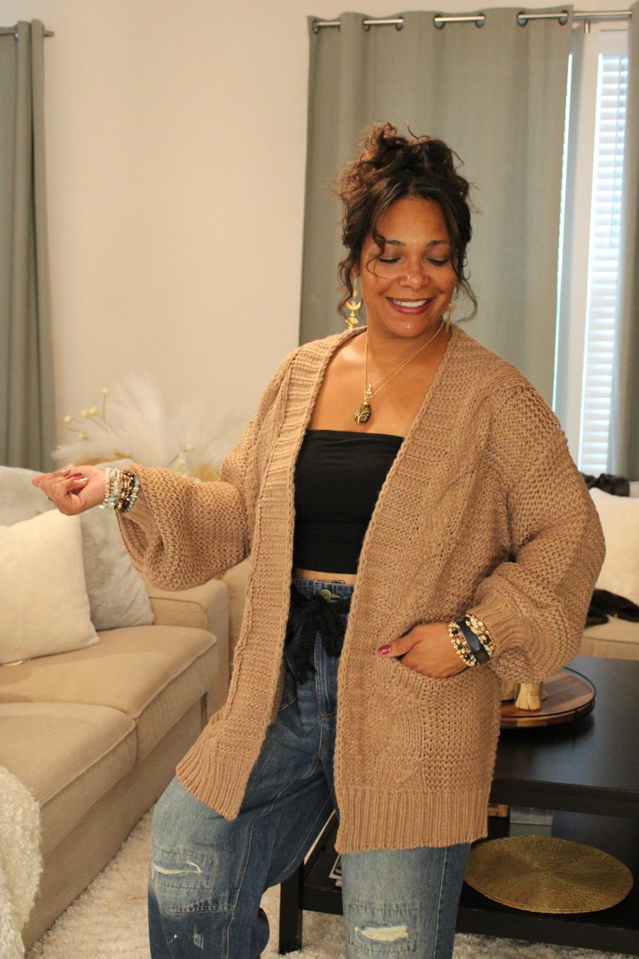 Cable Lantern Sleeve Cardigan