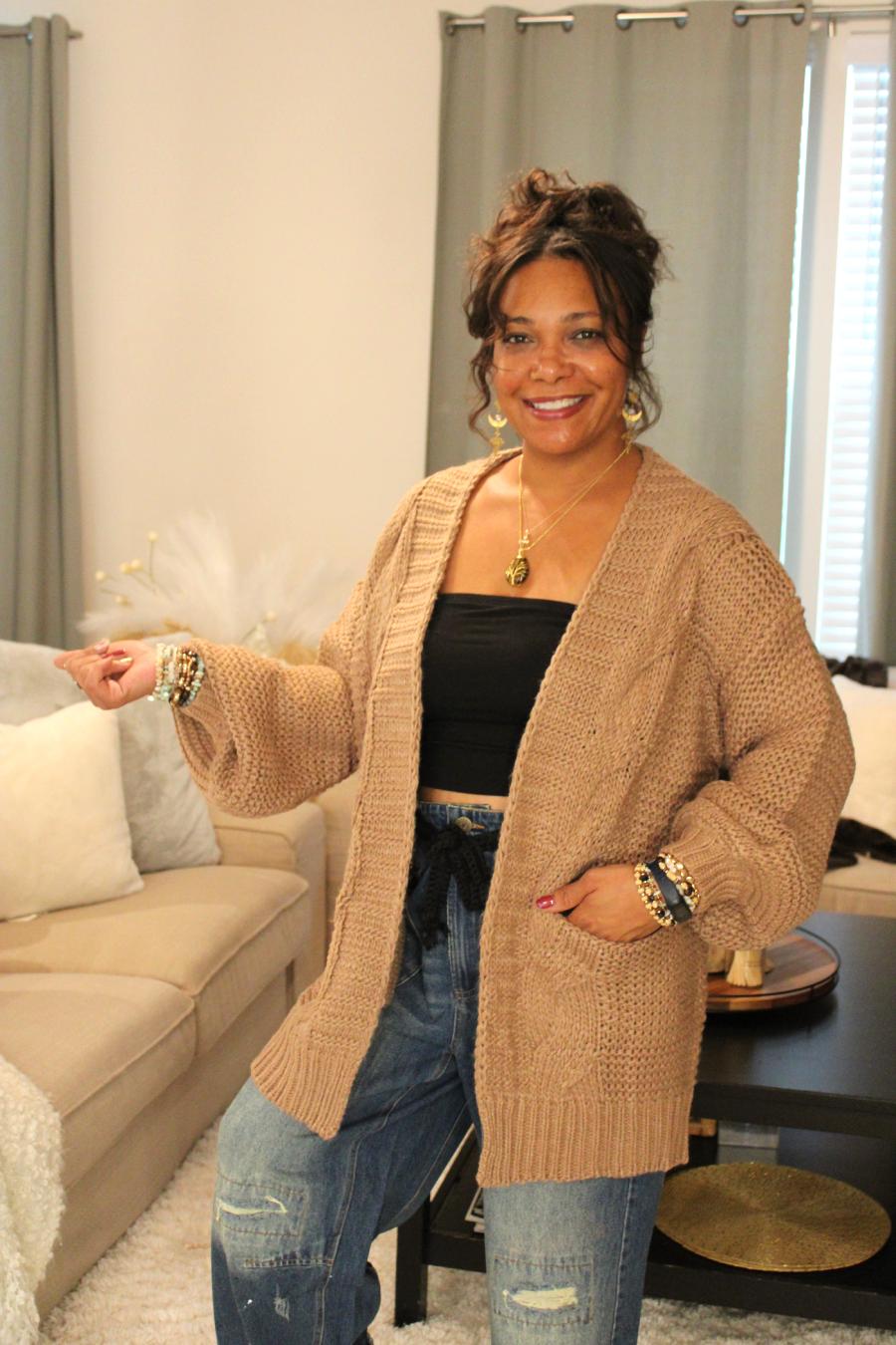 Cable Lantern Sleeve Cardigan